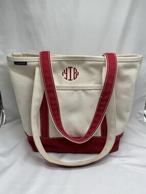 LAND'S END CANVAS BAG Tote Monogrammed Beach Coastal Preppy Red White Old Money